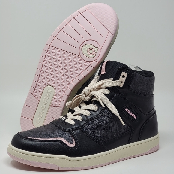 Coach CD304 Hi Top Black Pink Women's Sneakers Leather Blend Print Size 10B New - Picture 1 of 11